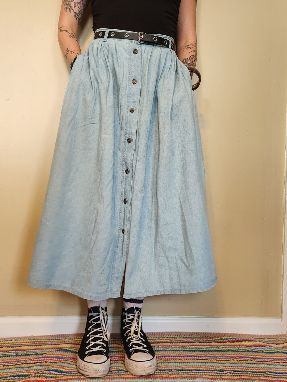 Vintage 1980s Levi’s Dockers 100% Cotton Chambray Midi Skirt - Picture 5 of 16